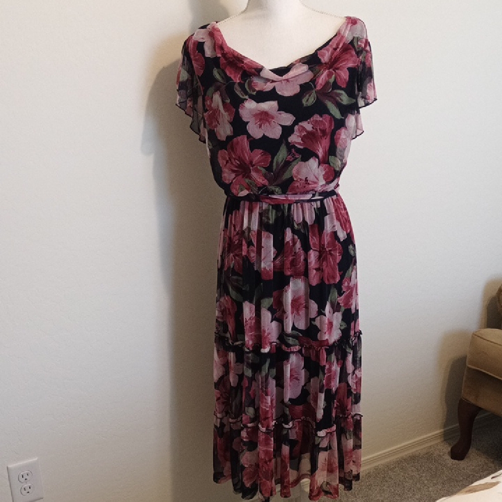 Kate And Lily Floral Midi Dress Flutter Sleeves Tie Waist Size 10
